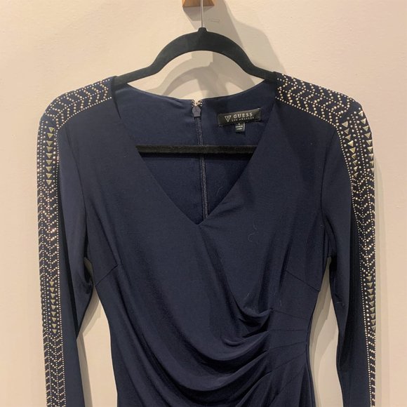 GUESS Navy Blue and Silver Studded Long Sleeve Dress - Size 6 - Picture 6 of 9